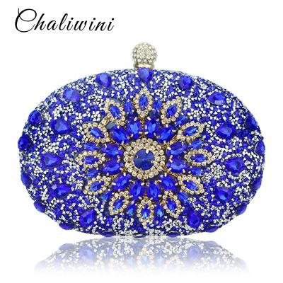 China Lady Wedding Diamond Floral Woman Bag Clutch Bag Blue Crystal Handbags Sling Package Cell Phone Pouch for sale