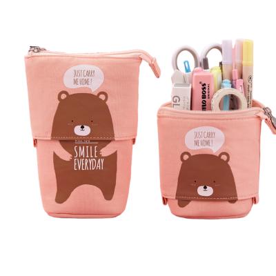 China Fashion\Durable Cute Girly Kid School PU Retractable Canvas Stationery Holder Tsuki Pen Bag Pouch Standing Up Automatic Telescopic Pencil Case for sale