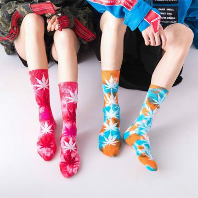 China QUICK DRY street style colorful leaves printing unisex maple leaf printed sports crew tie dyed socks for sale