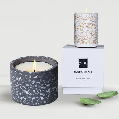 China Romantic Natural Decorations Packaging & Wholesale Delivery Luxury Handmade Geometric Vegan Scented Creative Matte Terrazzo Cement Jar Concrete Soy Candle With Lids for sale