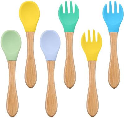 China Disposable BPA Free Self Eco-Friendly Soft Silicone Starter Wooden Kids Spoon Fork Feeding Set Toddler Baby Bamboo Spoon for sale