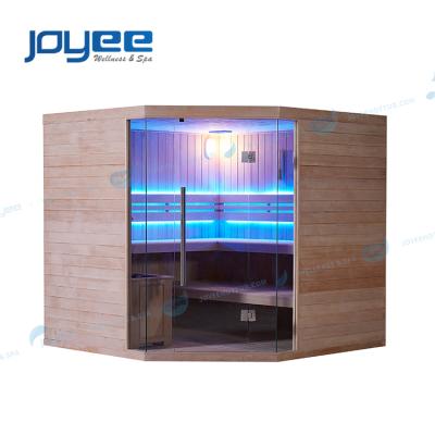 China Computer Control Panel JOYEE Tradition Corner Size 2 Large Solid Wood Sauna House 4 Person Family Bath Stove Healthy Sauna Heater Steam Room for sale