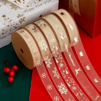 China LaRibbons Wholesale Gift Wrap Floral Gold Foiled Printed Organza Ribbon for sale