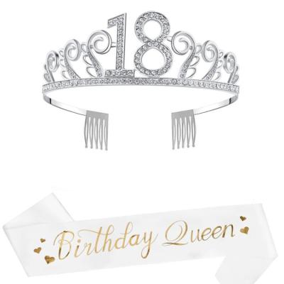 China Good Quality 18th Birthday White Crown Sash Gift Packing Set Hair Tiara Foil Printing Birthday Girl Sash For Birthday Party for sale