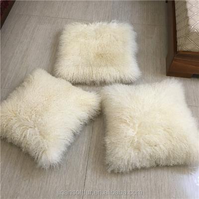 China High Quality Inflatable Home Decorative Mongolian Fur Pillows Real With Natural White Color for sale