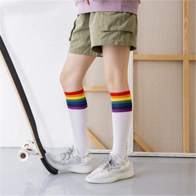 China Breathable Spring Summer Color Sheer Rainbow Stripe Hoop High Knee High Socks Women Cotton Socks for sale