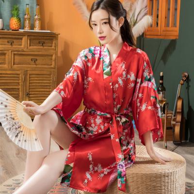 China Summer QUICK DRY Women's Ice Silk Robe Peacock Printed Satin Cardigan Silk Bathrobe for sale