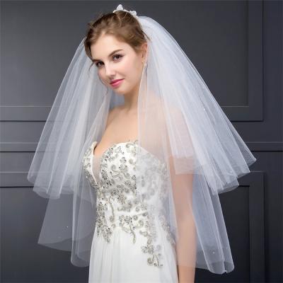 China Soft and Elegant Luxury Simple Double-Layer Wedding Veil Pearl Flower Hairpin Elbow Length Bride Veils Women for sale