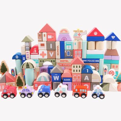 China DIY TOY Children's Toy Wooden Building Blocks 115 Macaron City Floor Grain Puzzle The Large Building Block DIY for sale