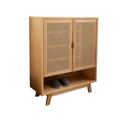 China Japanese Style Rattan Shoe Cabinet Multifunctional Solid Wood Storage Cabinet for sale