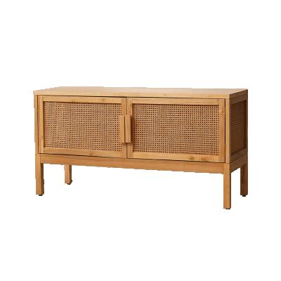 China Japanese Style Solid Wood Cabinet Bouble Sliding Door TV Rattan Woven Storage Cabinet for sale