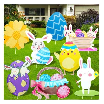 China Decorative Easter Decorations Yard Signs Stakes Outdoor Bunny Eggs Basket Chick Lawn Decor Ornaments Colorful Yard Insert Map for sale