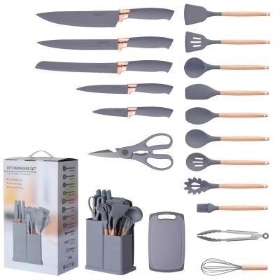 China Viable Kitchen Instrument 19 Piece Set Silicone Cooking Utensil Set With Handle Cups Board Storage Bucket Chef Knife Cook Utensil Set for sale