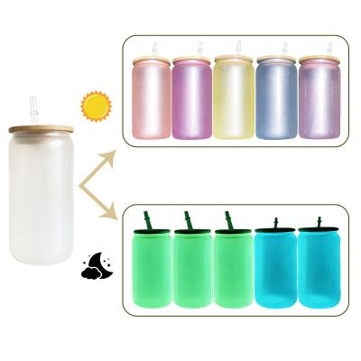 China Viable Us Store Hot Printing Glows 16oz Frosted Beer Can Glass Jar Night Clear Sublimation Beer Can With Bamboo Lid Plastic Straws for sale