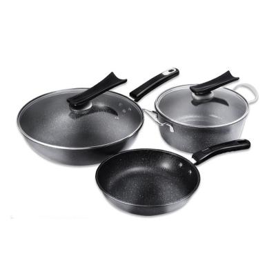 China New Sustainable Stretched Pot Of 3 Piece Cookware Pans And Pot, Black Set Non Stick Stone Cookware Kitchen Cooking Set for sale