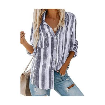 China Anti-pilling 2022 autumn/winter fashion stripe plus size shirt women turn-down collar button blouse ladies oversized long sleeve stripe T-shirt for sale