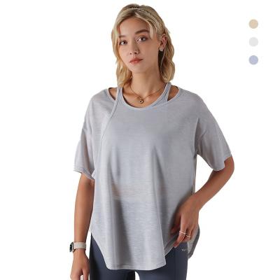 China Women's Breathable Workout Sports Yoga Tops Short Side Loose Stretch T-shirt Quick-Drying Link Tee Active Sleeve Tops for sale