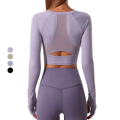 China Breathable Workout Shirts For Women Sports Wear Loose Fit Mesh Athletic Shirts Yoga Tops Sexy Backless Long Sleeve for sale