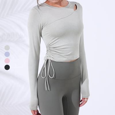 China Breathable Crop Tops Women Workout Long Sleeve Side Drawstring Ruched Sport Shirt Yoga Fitness Running Top for sale