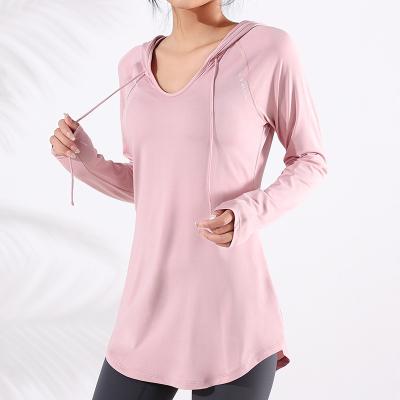 China Breathable Women's Long Sleeve Workout Hooded Top Gym Yoga Athlesuire Athlesuire Wear Shirt Hoodie With Pockets for sale