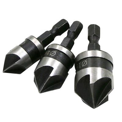 China 90 Degree Hex Shank Black Five Edge Black Five Shank Chamferer 12-19mm High Carbon Steel Stain Slap Woodworker Hole Opener Chamfering Tool 3 Piece Set for sale