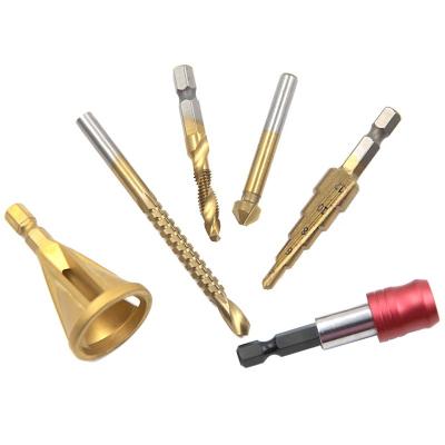 China Drill Chamfer Tapping Chamfer Tapping Set Sawtooth Clear Woodworking Box Plastic Pagoda 6pc Drill Quick Release Shank Tapping Set for sale