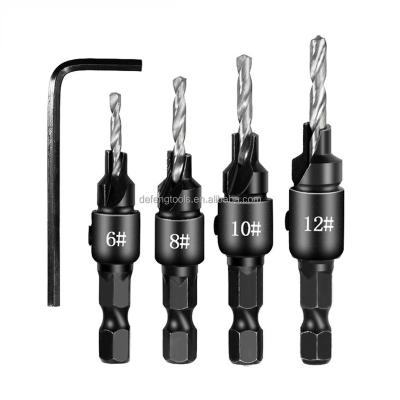 China Woodworking Hole Drilling Universal 4PCS HSS 4241 Handle Woodworking Reboring Drill Set Guide Hex Hole For Woodworking Screw Tapper for sale