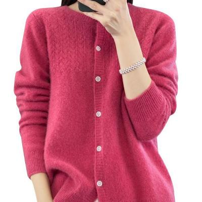 China Anti-wrinkle Spring And Autumn 100% Wool Knitted Sweater Coat O-Neck Solid Color  Hollow Out Women's Wool Cardigans for sale