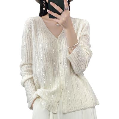 China Anti-wrinkle 100% Wool Cardigan Women' Sweater V-neck Long Sleeve Top In Outerwears Knitwear Sequin Long Sleeve Top Knitted Cardigan for sale