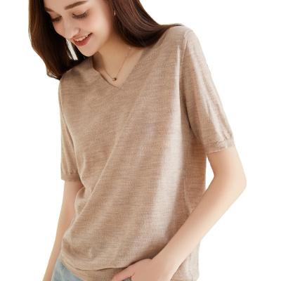 China Anti-wrinkle 100% Wool Sweater V-Neck Knitted Women's Sweater Short Sleeve Solid Color Pullover Sweater Tops for sale