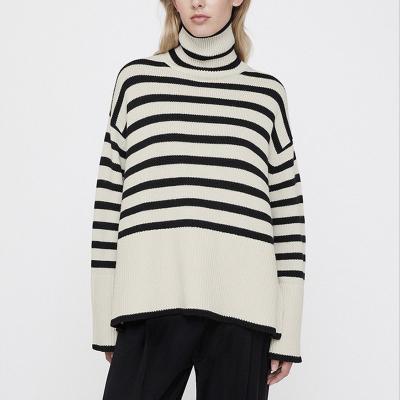 China Anti-wrinkle Customizable Pure Wool Women Sweater Turtleneck Knitted Sweater Pullover  Roll-Neck Striped Ribbed Wool Sweater for sale