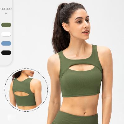 China Breathable Sexy Hollow Out Sports Bra Women Shock Proof Running Yoga Top With Chest Pads for sale