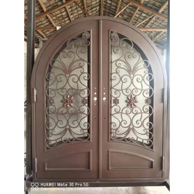 China 2022 Modern Best Selling Round Top Double Front Double Entry Doors Double Glazed Lowes Wrought Iron Glass Door for sale