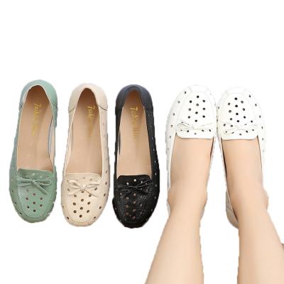 China Breathable good price ladies summer women girls flat shoes and sandals hollow out leather single shoes for sale