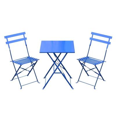 China MOVAN New Traditional Design 3PC Bistro Set Garden Balcony Folding Metal Table Chair Blue Outdoor Furniture for sale