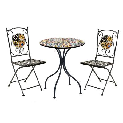 China Traditional Metal Garden Patio Furniture Resonant Set Folding Chairs And Mosaic Table for sale