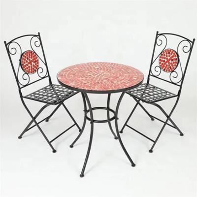 China Modern Design Traditional Outdoor Furniture Patio Mosaic Pattern Table With Two Foldable Garden Chairs for sale