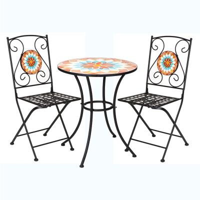 China MOVAN 3pcs Traditional Outdoor Table Set Outdoor Rattan Chair Mosaic Round Mosaic Table Wicker Table Bistro Set for sale