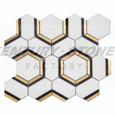 China New Arrival Mosaic Stone Modern Kitchen Stone Backsplash Hexagon Wall Brass Marble Mosaic Tiles for sale