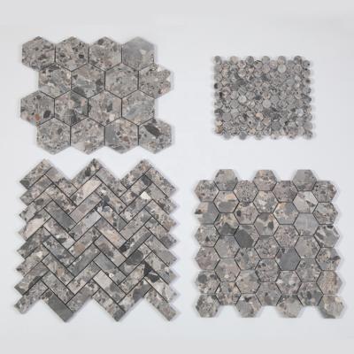 China Century Modern Mosaic Gray Marble Herringbone Hexagon Mosaic Tile Fossil Stone For Wall for sale