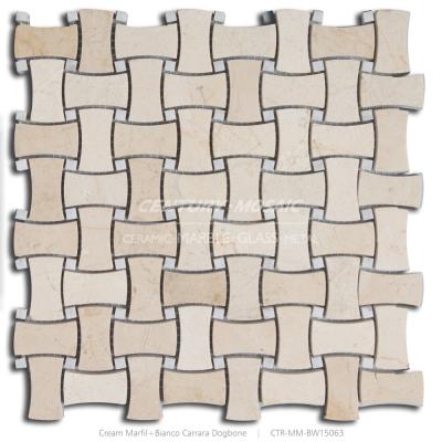 China Parquet cream marfil and bianco carrara dogbone basketweave marble mosaic slab for sale