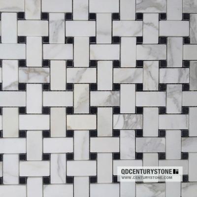 China Parquet Century Mosaic White Marble Mixed Black Dots Calacatta Gold Basketweave Mosaic Slabs for sale