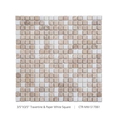 China Parquet Mosaic Natural Marble Mixed Travertine Paper White Stone Mosaic Slab for sale