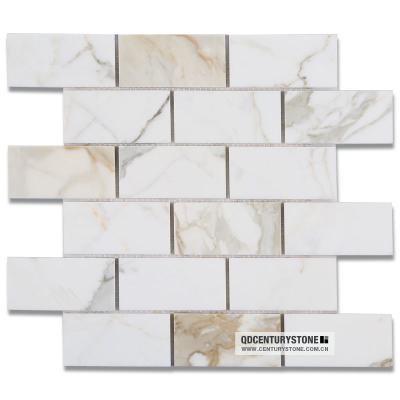 China Parquet 2 By 4 Inch Polished Brick Look Calacatta Gold Marble Mosaic Subway Wall Slab for sale