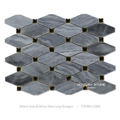 China Diamond And Long Octagon Milano Gray Marble Stone Mosaic Wall Glass Slab Parquet 13 Facet Mirror Art for sale