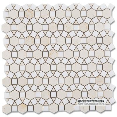 China Crema Marfil Marble Thassos Sunflower Mosaic Pattern Mixed White Marble Tile Mosaic for sale