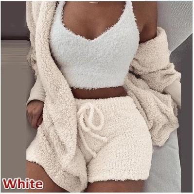 China Women QUICK DRY Coral Velvet Pajamas Set Spring Autumn Winter Pajamas 3 Three Piece Set Sleepwear Tops Shorts Coat Suit Size S-3XL Coldker for sale