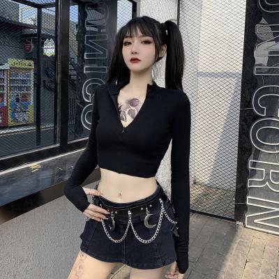 China QUICK DRY Gothic Ecowalson Harajuku Long Sleeve Black Tops Streetwear Punk Turtle Neck Bodycon Crop Top Women Autumn Fashion Zipper T-Shirt for sale