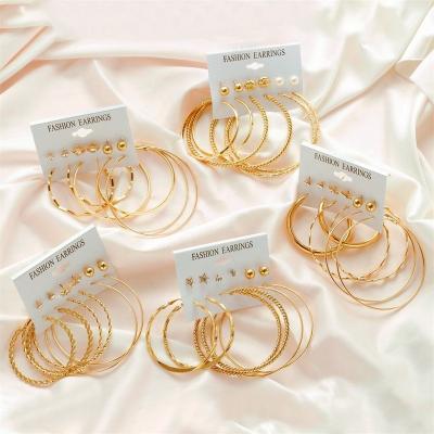 China 6Pairs/Set Circle Friendly Material Classic Earrings Set Gold Plated Diamond Stud Earring Oversize Alloy Earring Women Vintage Fashion Jewelry Set for sale