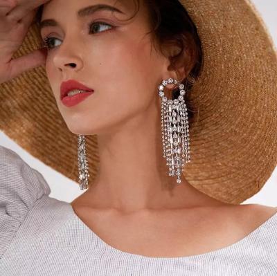 China Luxury Fashion Women Diamond Earrings Crystal Rhinestone Tassel Water Friendly Material Drop Earrings Wedding Bridal Baroque Fine Jewelry for sale